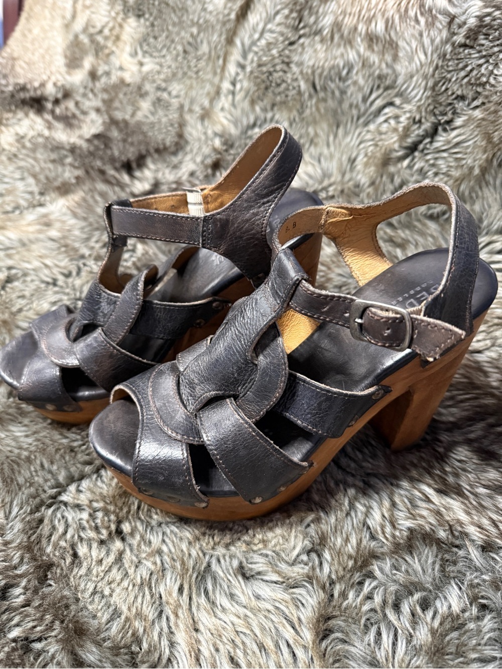 Platform Leather Peep-Toe Heels in Dark Brown